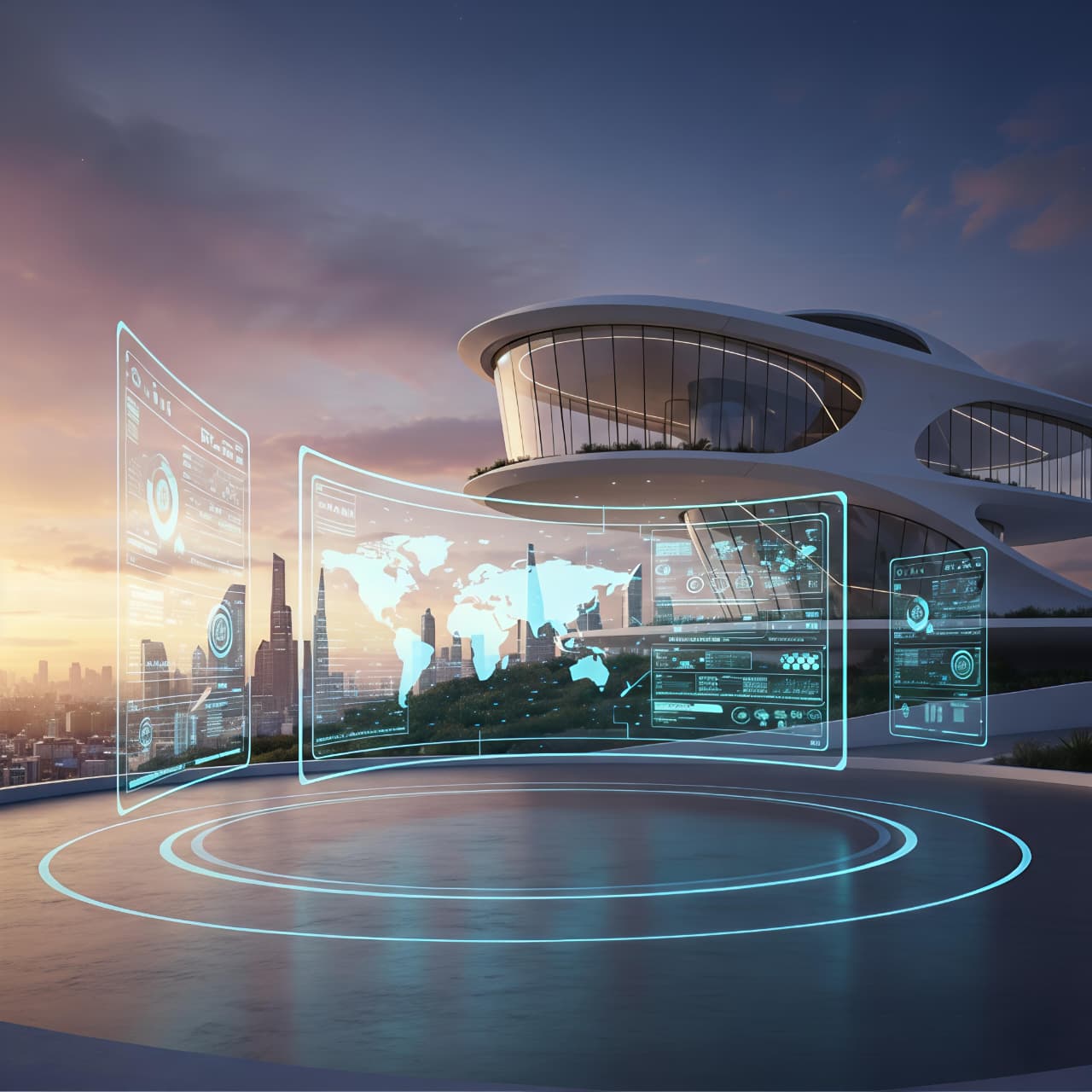 Modern living room with purple sofa, colorful rug, and open shelving